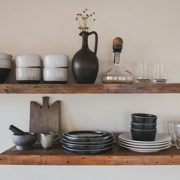floating shelves with plates and decor