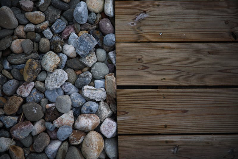 pebbles and a wooden walkway