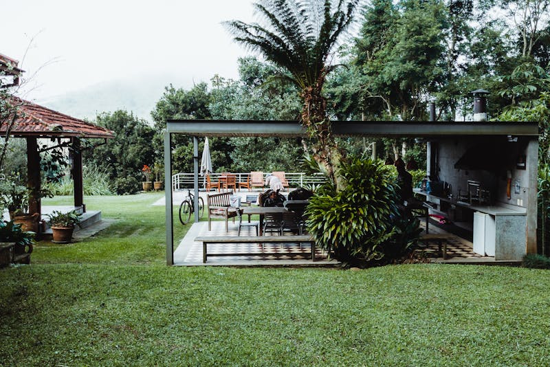 a backyard with a patio